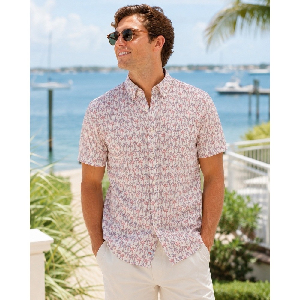 Vineyard Vines Pink Purple Palm Tree Short Sleeve Button Down Shirt Sz M Coastal